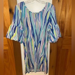 Lily Pulitzer RARE PRINT Blue/Green/Lavender Half Sleeve Mid-Length Dress SZ L